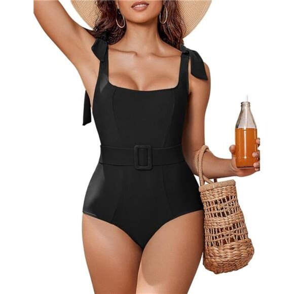 Women's One Piece Swimsuit Belted Tummy Control Square Neck Tie Shoulder